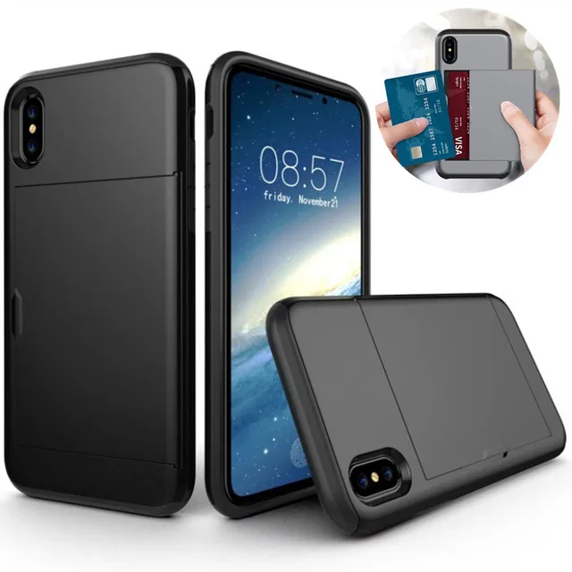 

For iPhone XS Max Hybrid Tough Armor Slide Card Holder Back Cover For iphone 5 5s SE 6 6S 7 8 Plus X XS XR Luxury Wallet Case