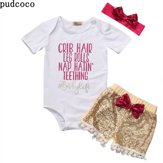 Summer Baby S Clothes White Bodysuit Sequin Pants Gold Summer Baby S Clothes White Bodysuit Sequin Pants Gold Bowknot Headband Outfits