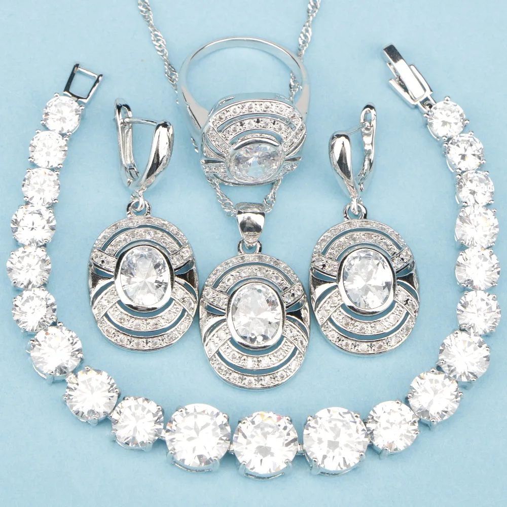 4PCS White Stones Jewelry Sets 925 Sterling Sillver Wedding Jewelry