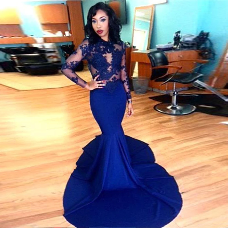 

Elegant Royal Blue Long Sleeve Prom Dresses Long 2019 Sheer Lace Mermaid Court Train Evening Party Dress Caftan Hot Sale