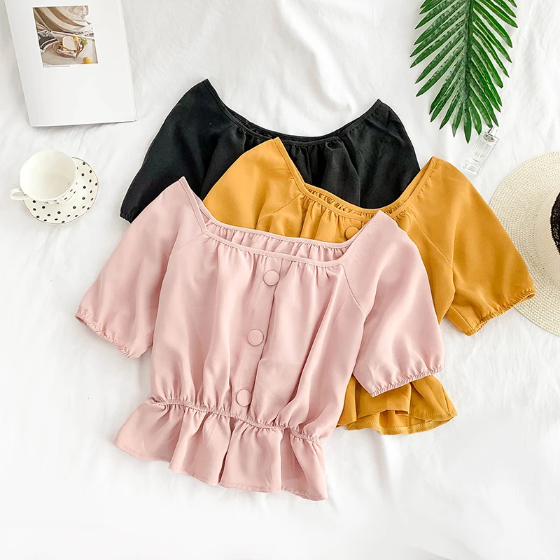 

Solid Color Slash Neck Short Sleeve Single Breasted Slim Waist Sweet Chiffon Shirt Women Elegant Shirts Blouse E611