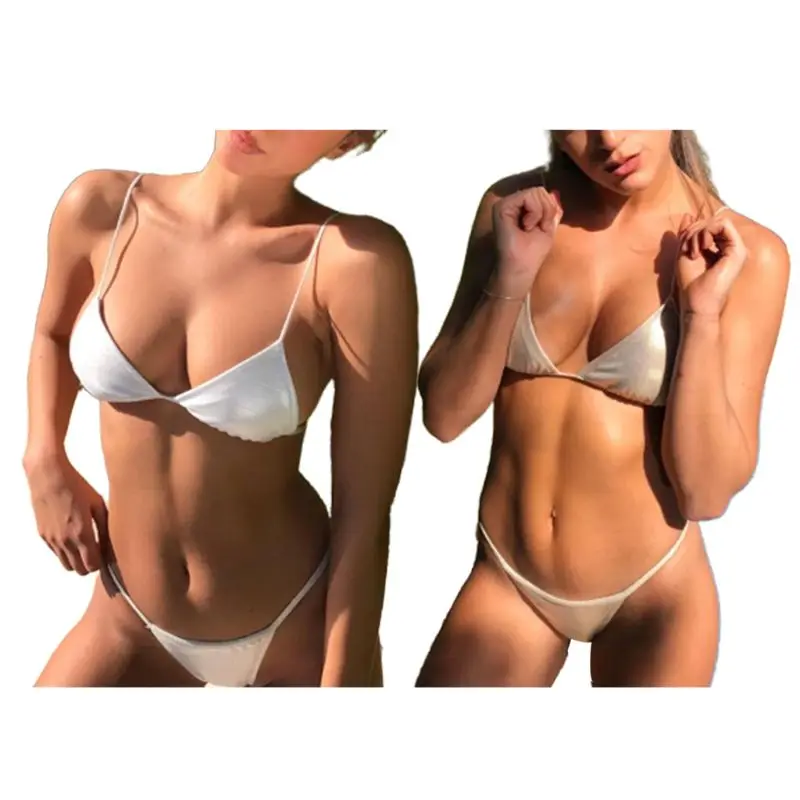 

Women Sexy Two Piece Bikini Set Metallic Glitter Solid Color Swimsuit Spaghetti Straps Ruched Triangle Bra Low Waist T-Back Thon