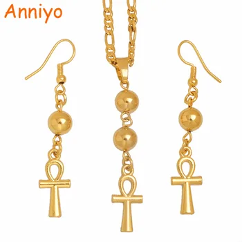 

Anniyo Egyptian Ankh Cross Necklace Earrings for Woman,Gold Color African Egypt Hieroglyphs Jewelry Gifts,Crux Ansata #100006