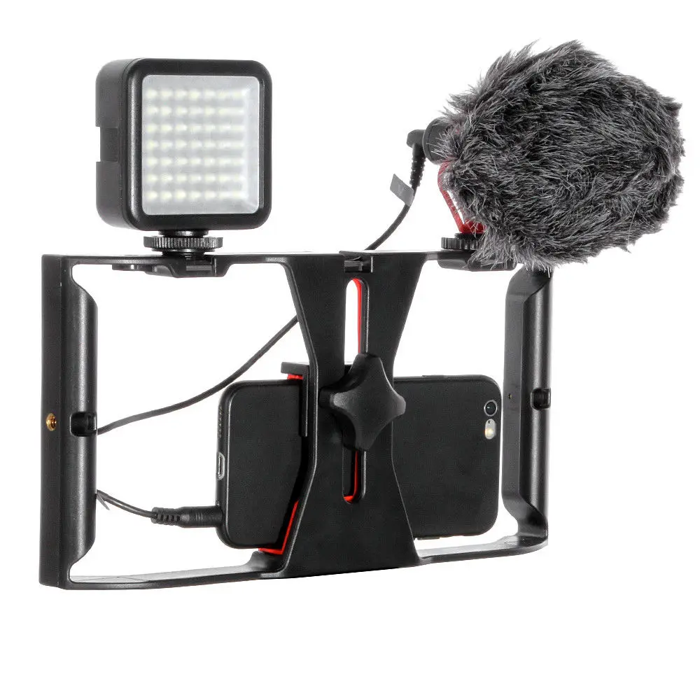  Smartphone Video Rig Camera Cage Mount Holder Stabilizer Handle Grip + BOYA BY-MM1 Microphone Mic +