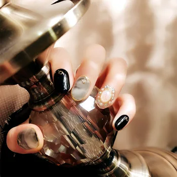 

Korean Style Round Head Nail Art Tools With Glue Women Marble Glitter Faux Pearl False Nail Ladies Sexy Punk Style Fake Nails