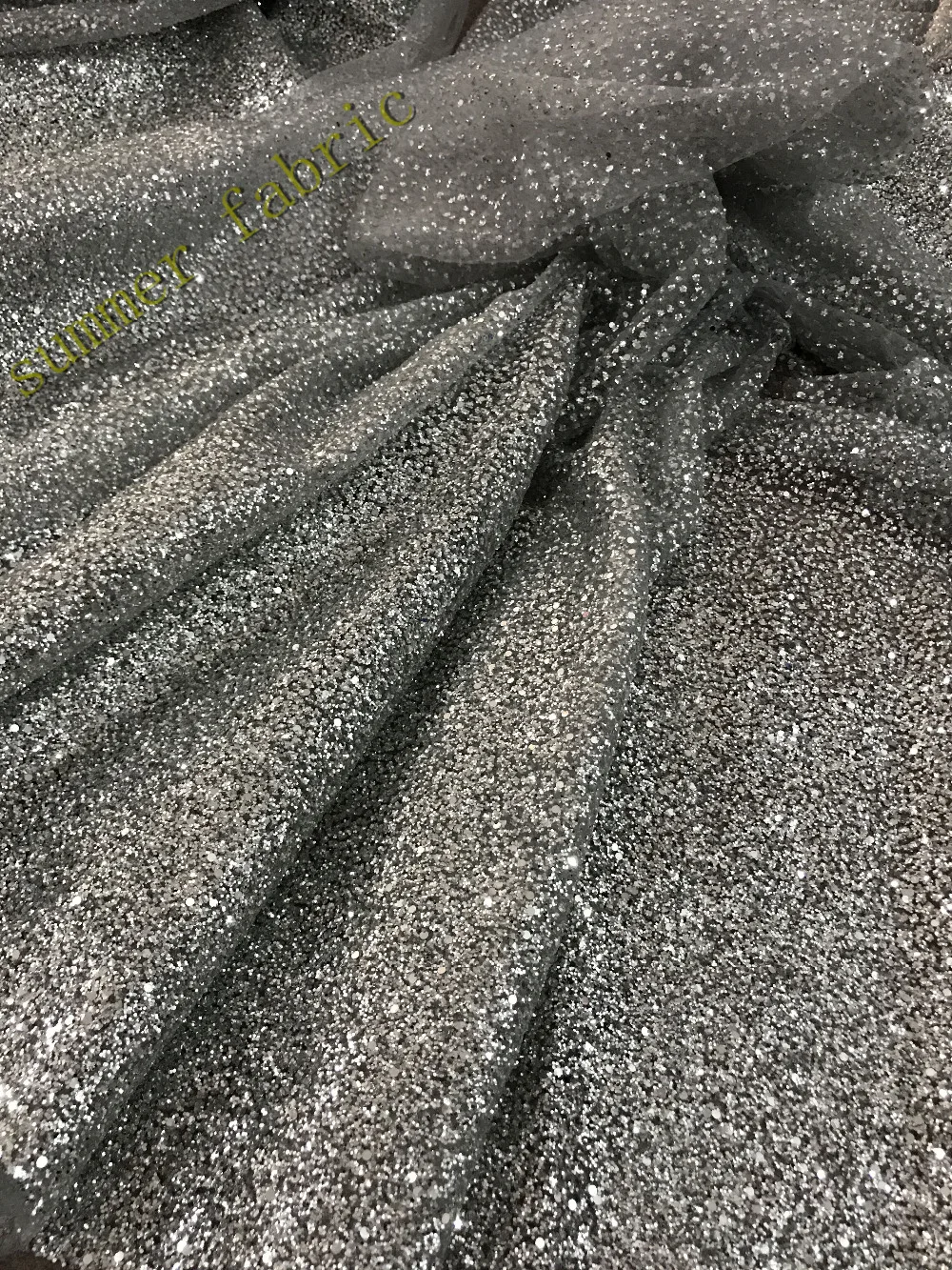 Glitter Sequins Fabric Polyester sparkle silver glued glitter african tulle mesh lace for sawing