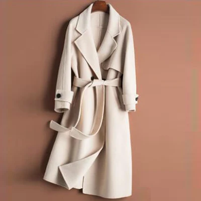 Новинка, женское кашемировое пальто высокого качества ручной работы, шерстяное осеннее и зимнее пальто с поясом, двустороннее шерстяное пальто - Цвет: rice white-05