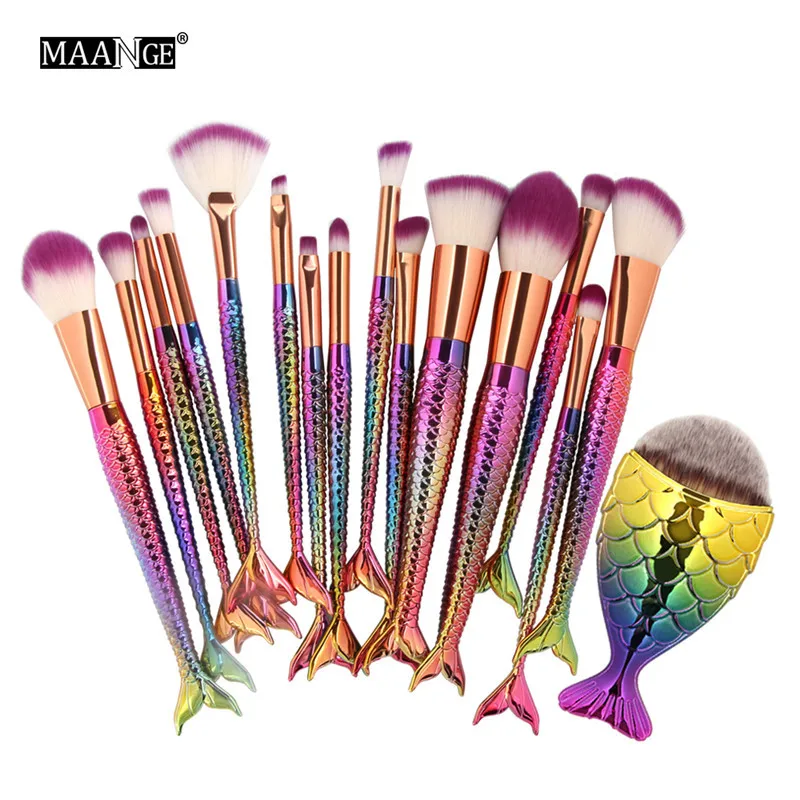 

MAANGE 15/16PCS Mermaid Makeup Brush Set Fish Tail Foundation Blush Eye Shadow Brush Contour Blending Cosmetic Brushes Kit