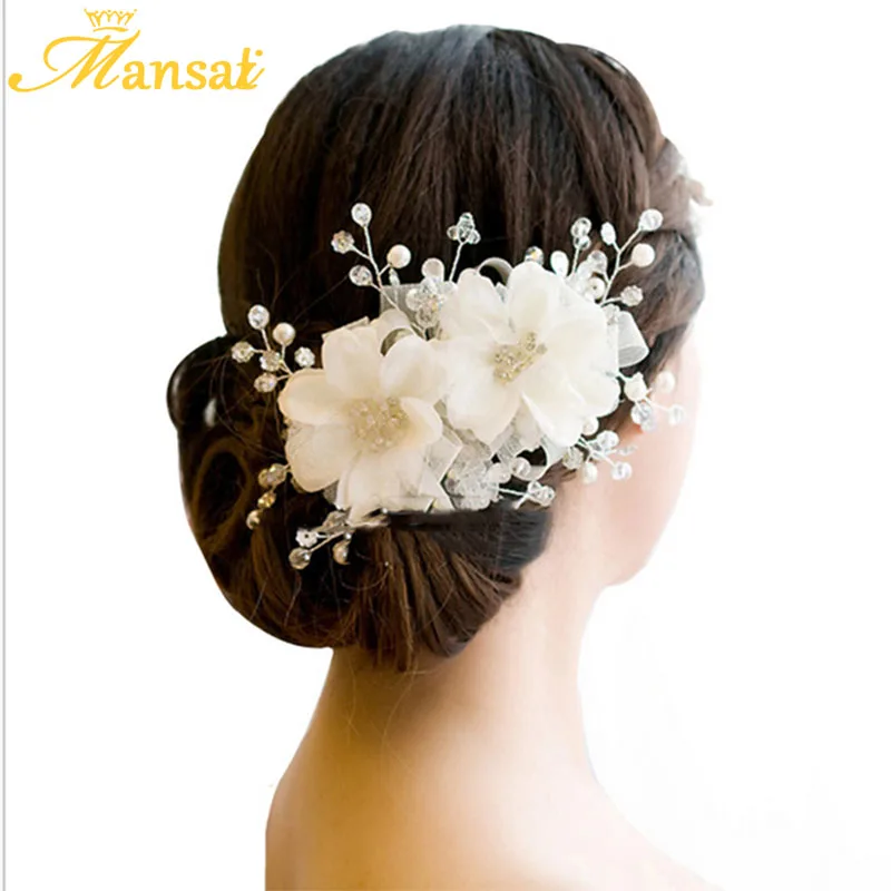 

Romantic Handmade Yarn Flower Bride Hairbands Simulated Pearls Hairwear Crystal Hair Jewelry Women Wedding Hair Ornaments SG004