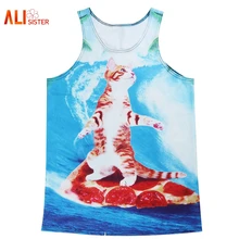 Бренд Alisister Харадзюку, принт с кошкой, пиццей, 3d топы на бретелях для мужчин, лето, хип-хоп, животные, без рукавов, круглый вырез, европейский размер, забавная жилетка