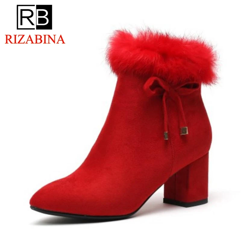 

RizaBina Women High Heel Boots Winter Fur Shoes Woman Bowknot Warm Short Boots New Fashion Zipper Ladies Footwear Size 34-42