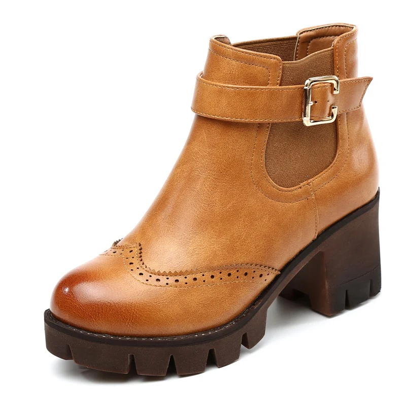 

Retro Vintage British Style Black Brown PU Round Toe Heavy-bottomed Thick Heels Martin Boots For Women Big Size 40 Booties Shoes