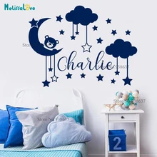 Луна облако и звезда пользовательское имя наклейка маленький медведь тема стикеры Детская комната Декор Съемный виниловые обои водонепроницаемый BA068