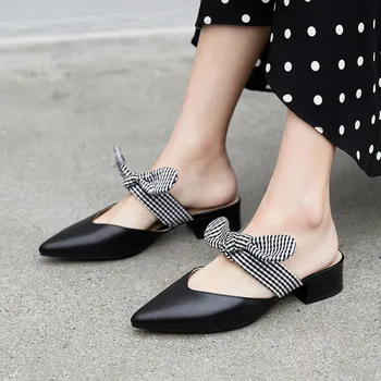 

MLJUESE 2019 women slippers Soft cow leather Rome style pointed toe bow-tied slip on square heels sandals party dress wedding