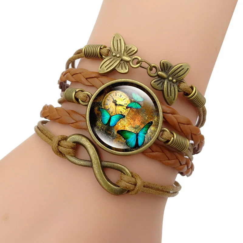 Retro Style Jewelry with Glass Cabochon Butterfly Shaped Multilayer Infinity Leather Charm Bracelet Bangle for Women Party | Украшения и