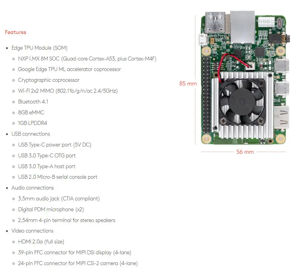 1 шт. x Coral Dev Board с краем TPU i. MX 8M SoC(четырехъядерный Cortex-A53, плюс Cortex-M4F