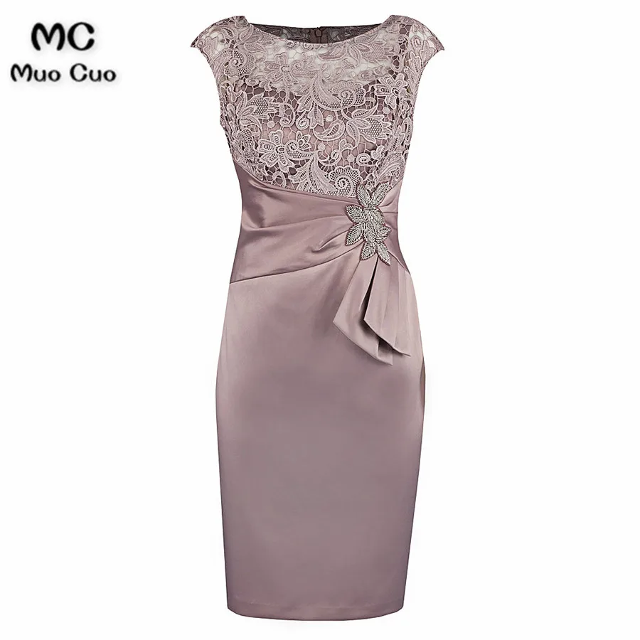 Sheath Bateau Cap Sleeves Elastic Satin Mother Of The Bride Dress with Lace Beading