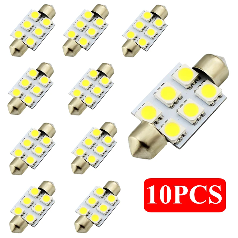 10PCS Auto Festoon LED Car Light Bulbs 36mm 6-SMD 5050 Warm White Lights Interior Plate Dome Lamp Lighting Bulb DC 12V | Автомобили и
