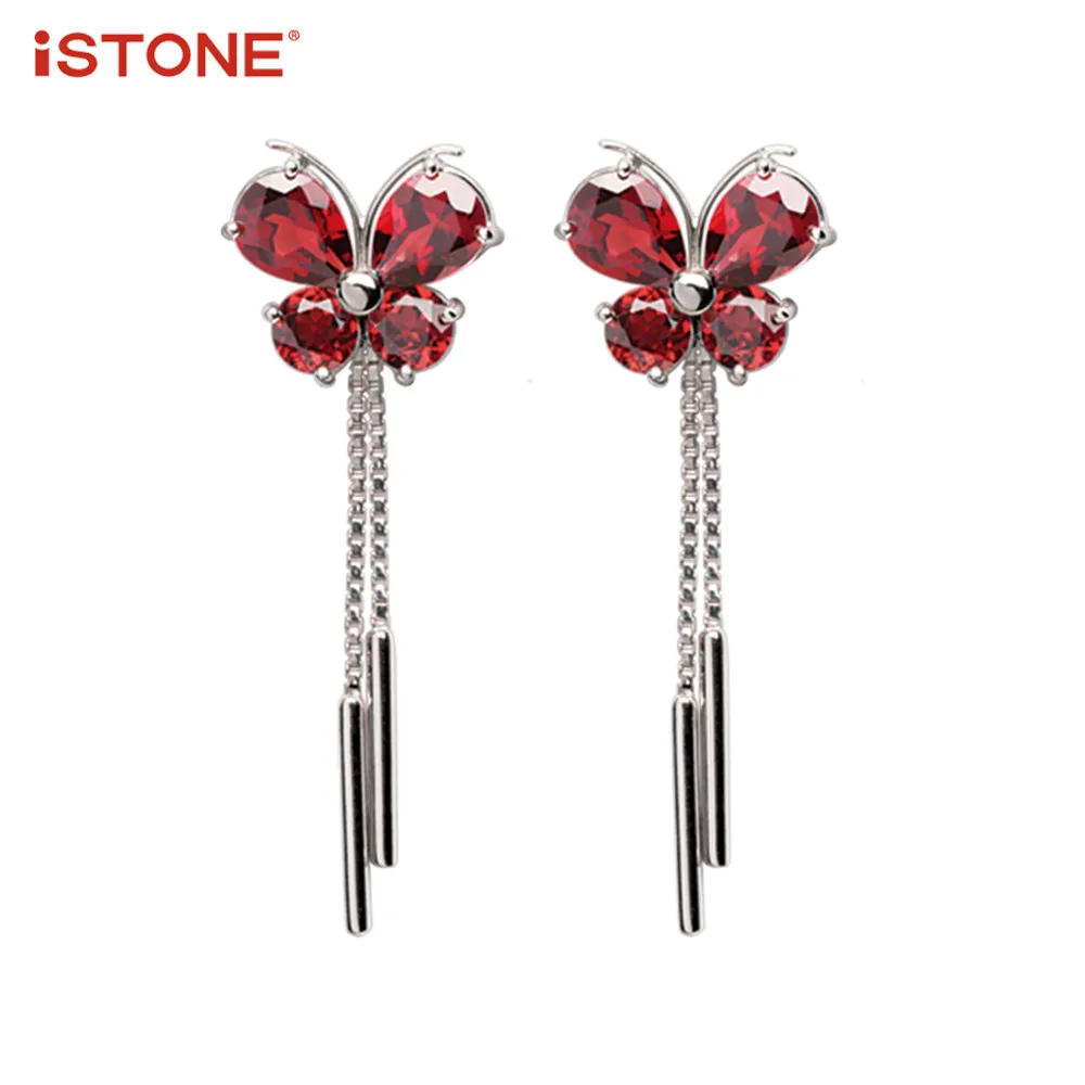 

iSTONE 925 Sterling Silver Garnet Drop Earrings Red Butterfly Shape Fine Jewelry Gift for Woman 100% Natural Gemstone