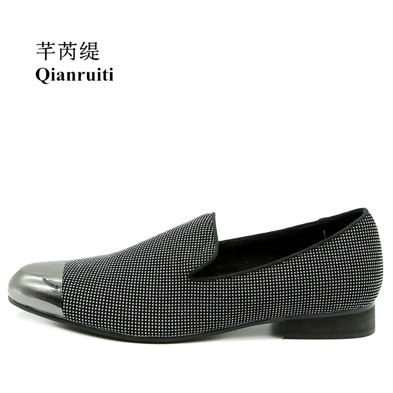 

Qianruiti Men Slip-on Loafers Metal Toe Square Low Heel Sheepskin Suede Luxury Handmade Moccasins Casual Shoes EU39-EU46