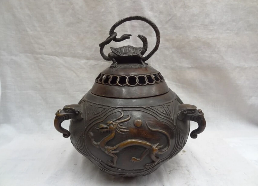 

S4753 9"Tibet Bronze Buddhism Dragon Phoenix Statue Turtle Snake Incense Burner Censer D0317