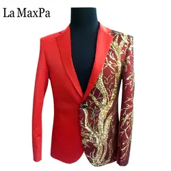 La maxpa 2017 певец DJ сценический костюм клуб бар ночной клуб шелк бутона patterm красный цвет куртки блеск Мужская Мода Костюмы yy25