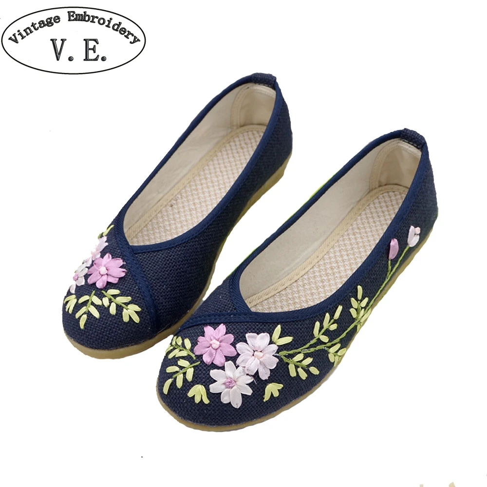 

Vintage Embroidery China Old Peking Women Flats Soft Comfort Causal Hemp Linen Shoes Slip On Ballet Dancing Chaussures Femme