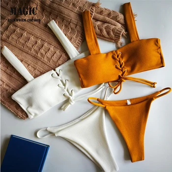 

Summer Two Piece Swimwear 2018 Women Halter Top Solid Bikini Set Sexy Thong Swimsuit Women's Swimming Suit Red yellow Beachwear