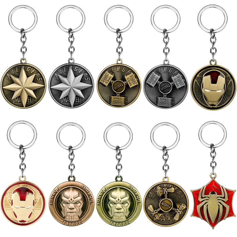 

Marvel Movie Jewelry The Avengers 4 Keychain Thanos/Spiderman/Captain America/Iron Man/Thor Hammer Rotate Badge Car Key Chains