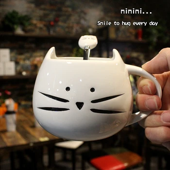 

Black and white cat mug with spoon cartoon couple office ceramic cup lovely breakfast milk cup