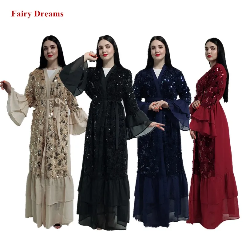 

Open Abaya Kimono Women Muslim Dress Dubai Caftan Femme Turkey Turkish Islamic Clothing Bangladesh Kaftan Sequins Cardigan