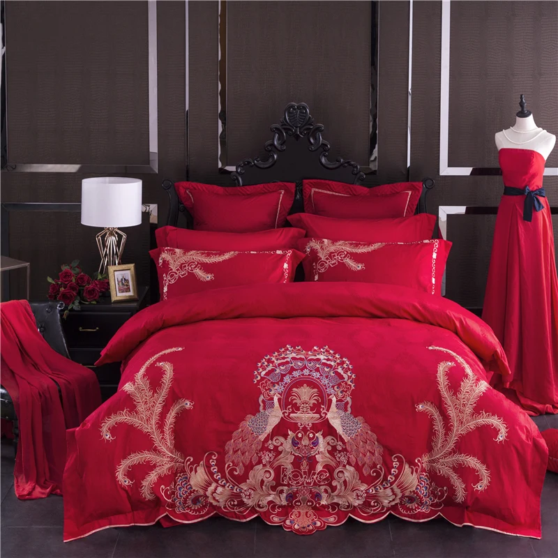 Red Long staple cotton Luxury Chinese Wedding Bedding Set Queen King