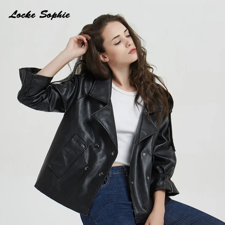 Women's Plus size short jacket blazers 2019 Autumn PU leather faux fur Double-breasted Jacket ladies Skinny locomotive blazers
