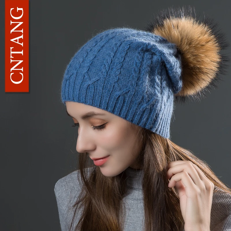 

CNTANG Autumn Winter Women's Rabbit Fur Knitted Twist Hats Fashion Warm Caps With Natural Fur Pompom Female Hat Skullies Beanies