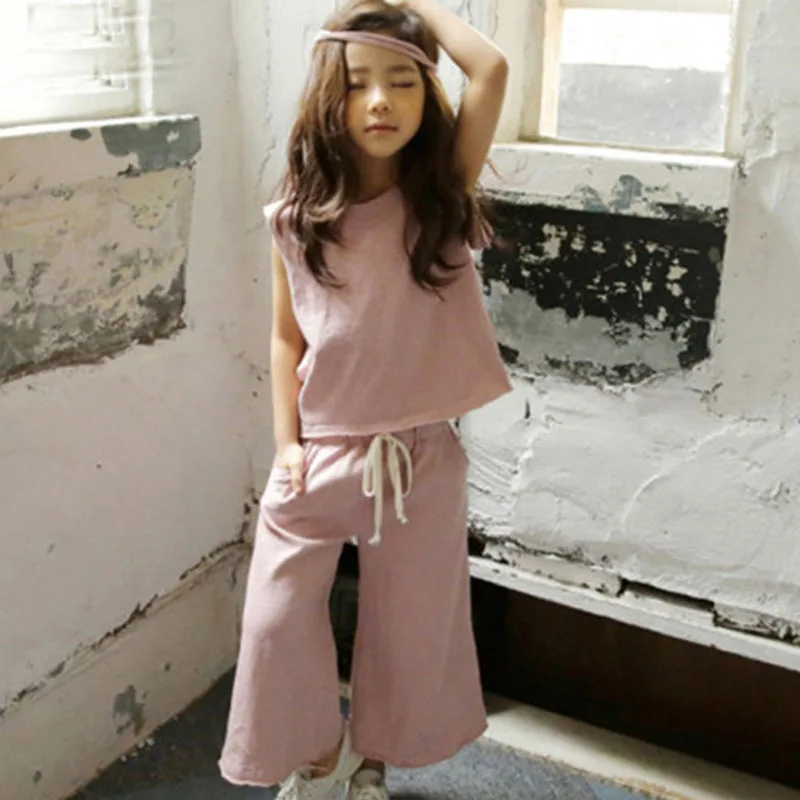 От 2 до 16 лет летняя одежда для девочек комплект дети девочки без рукавов жилет топ широкие брюки 2 шт. Повседневная подростковая одежда для девочек RT412