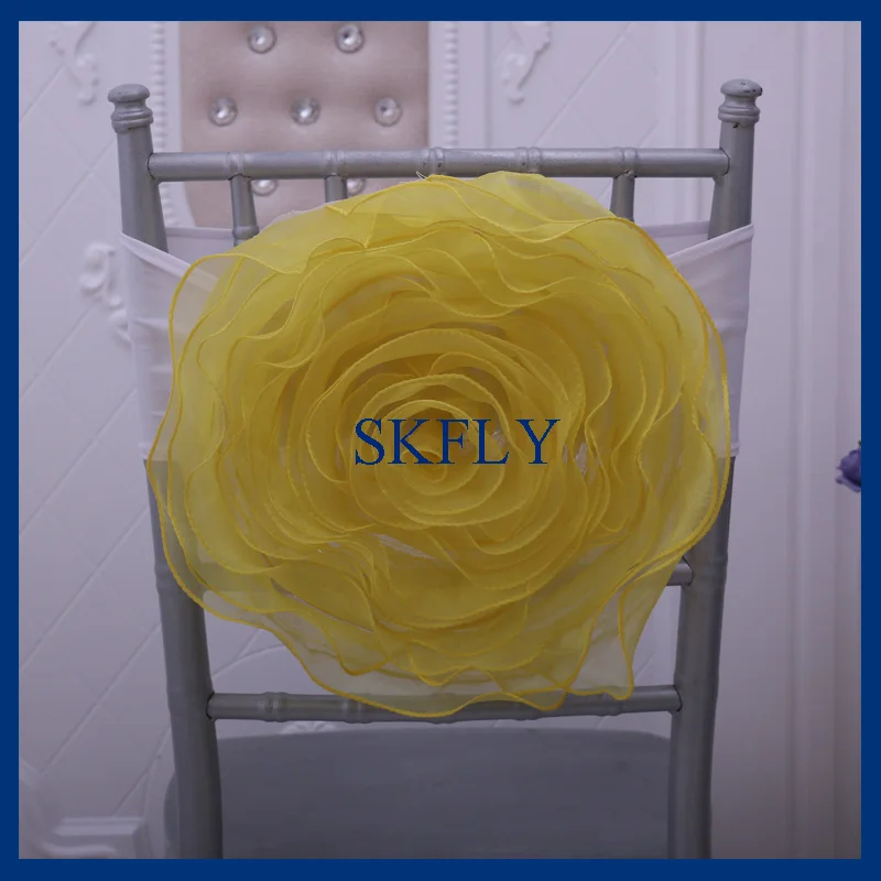 

CH091D SKFLY good quality decoration large organza bright yellow chair flower with white spandex band