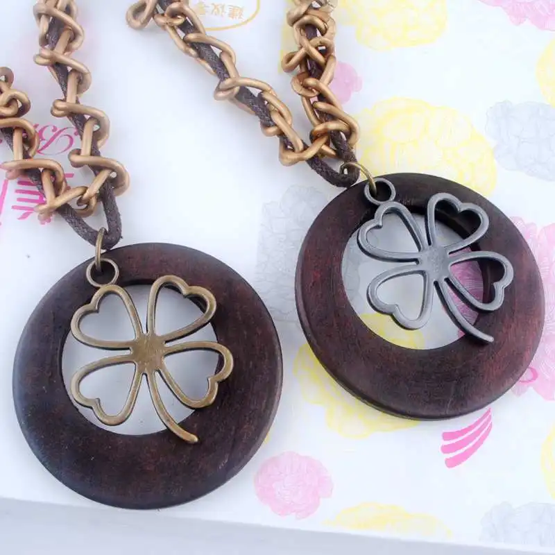 Antique Vintage Long Rope Chain Necklace font b Wooden b font Alloy Clovers font b Pendants