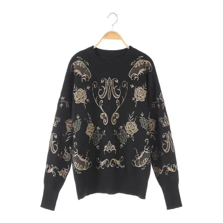 Винтажная осенне-зимняя одежда, женские дизайнерские черные вязаные свитера и пуловеры с цветочной вышивкой и длинным рукавом