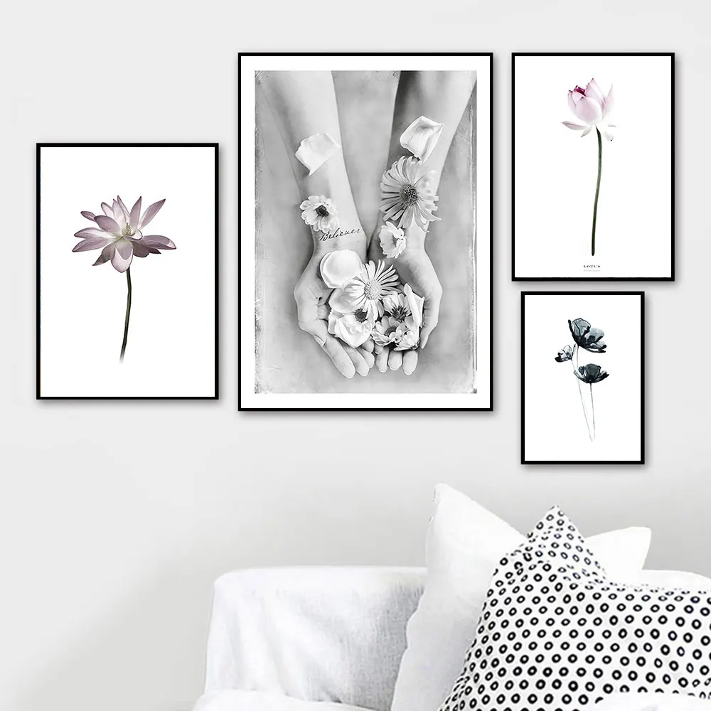 

Nordic Style Lotus Wall Art Canvas Poster Print Hand with Flower Minimalist Painting Decoration Metal Organic Glass Framed