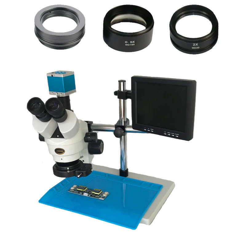 

horizontal single arm stand 3.5X-90X simul-focal Trinocular Stereo Microscope +16mp hdmi camera +8" lcd monitor +144 lights