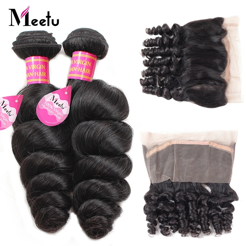 

Meetu 360 Lace Frontal with Bundles Brazilian Loose Wave Bundles with Frontal 2 Bundles with Frontal 100% Human Hair Non Remy