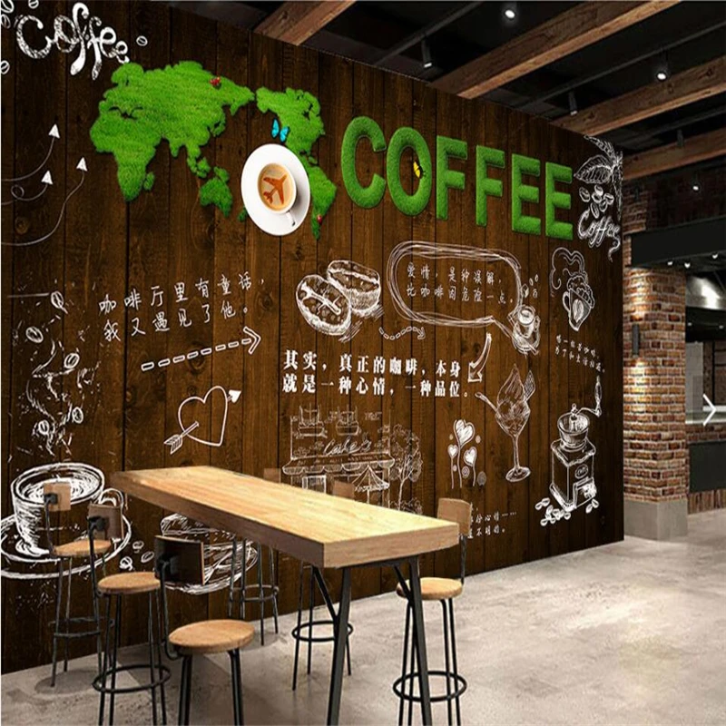 beibehang Wooden green grass letters bar coffee shop background wall custom large and medium