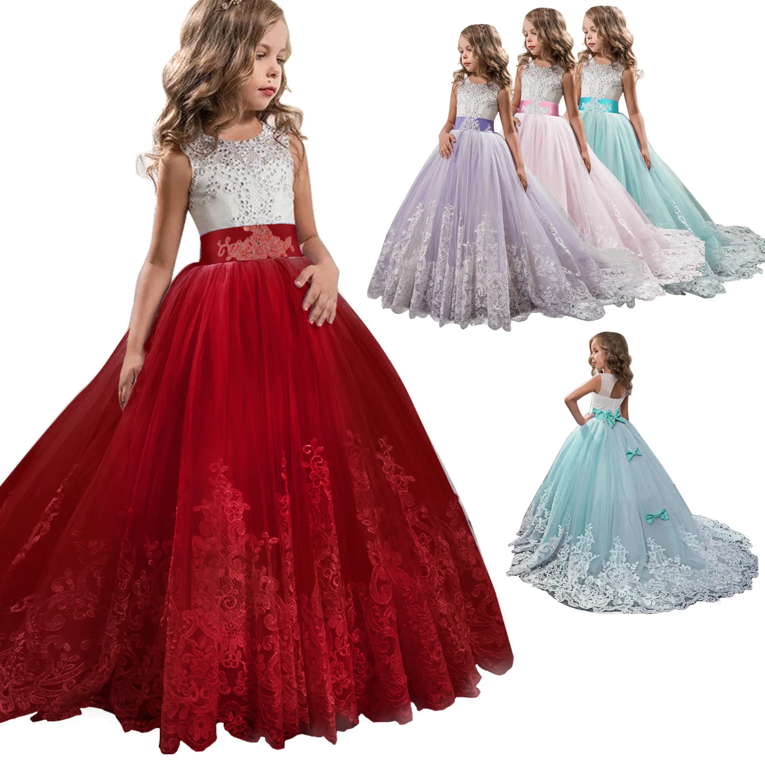 

Flower Girl Dresses With Bow Beaded Crystal Lace Up Applique Ball Gown First Communion Dress for Girls Vestidos wedding dress