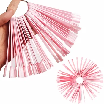 

YZWLE 50 Pcs Fan Shaped False Nail Tips Color Card Manicure Nail Art Practice Slice Board Pink Buckle Ring DIY Nail Display Tool