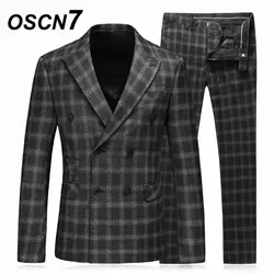 OSCN7 повседневное Бизнес двубортный проверьте 3 предмета костюм для мужчин 2019 свадебное платье пик костюмы с лацканами вечерние джентльмен