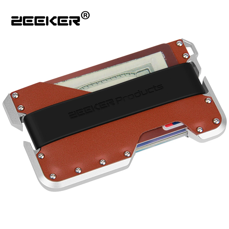 ZEEKER New Design Aluminum Metal RFID Blocking Credit Card Holder Genuine Leather Minimalist Card Wallet For Men