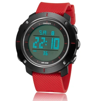 

Famous brand OHSEN digital men red fashion wristwatch rubber strap 50M waterproof diver LED military sport watches clocks gift