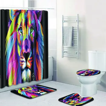 

Adeeing 4Pcs/Set Colorful Lion Pattern Nonslip Bathroom Mat Shower Curtain Set