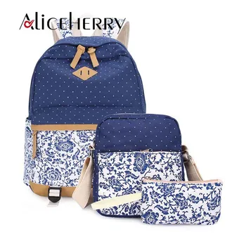 

Women Canvas Printing Dot Backpack for Teenage Girls Cute Laptop College Bookbags 3 PCS / Set