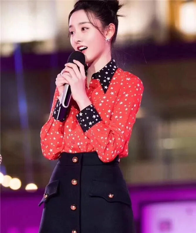 

2019 New European American Famous Song Zuer Stars with Star Print Silk Shirt Blouses and Blouses Women Shirts Clothing Print